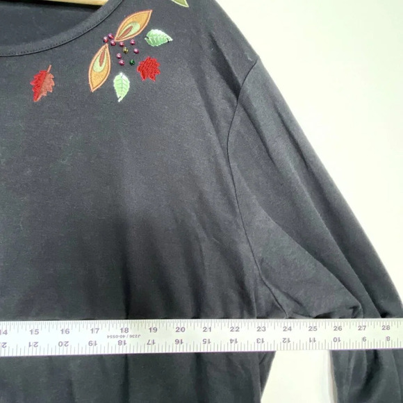 Vintage Crystal Kobe Black Embellished Fall Leaves Tee Long Sleeve Plus Size 2X - Picture 9 of 10